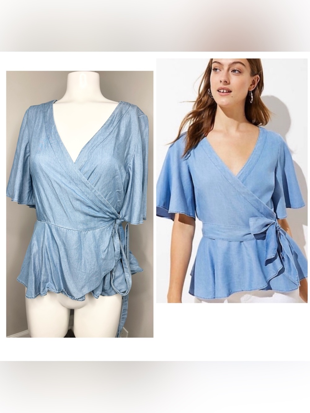 LOFT Light Blue Wrap Peplum Top-Medium